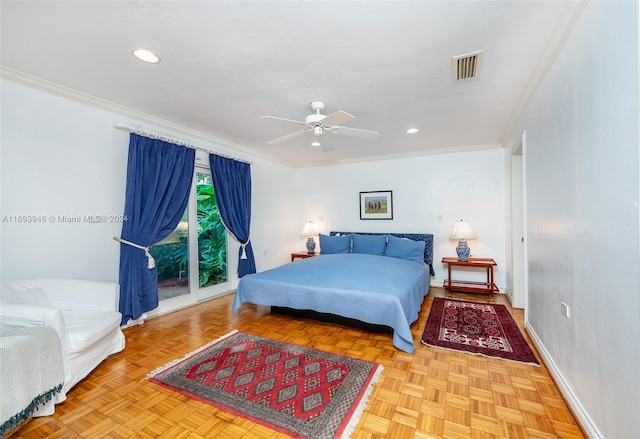 bedroom featuring access to outside, ceiling fan, crown molding, and light parquet floors