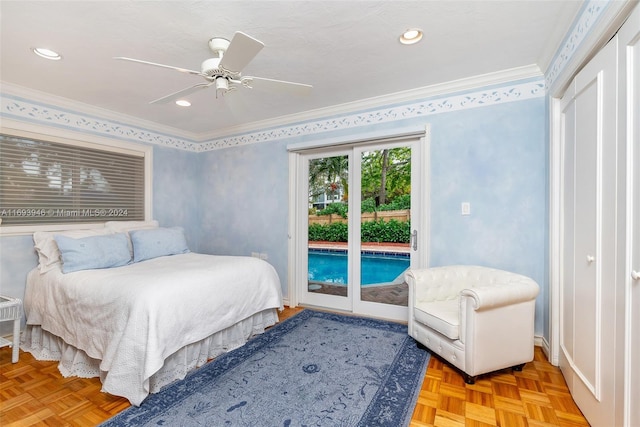 bedroom featuring ceiling fan, access to exterior, crown molding, and light parquet floors