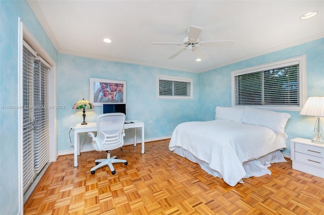 bedroom with ceiling fan and light parquet floors