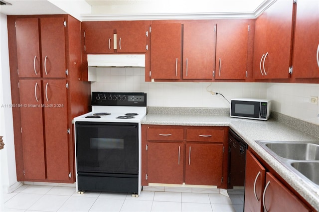 kitchen featuring range with electric stovetop, tasteful backsplash, dishwasher, and light tile patterned floors