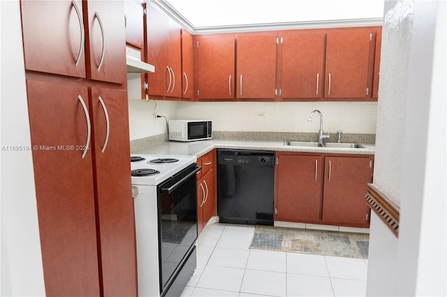 kitchen with sink, range with electric stovetop, light tile patterned floors, and black dishwasher