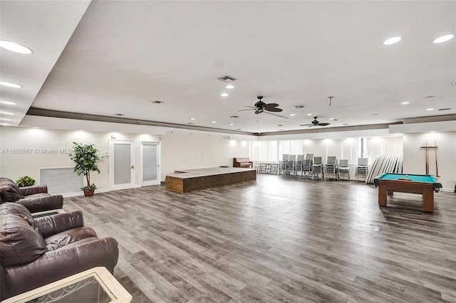 recreation room with ceiling fan, wood-type flooring, and pool table