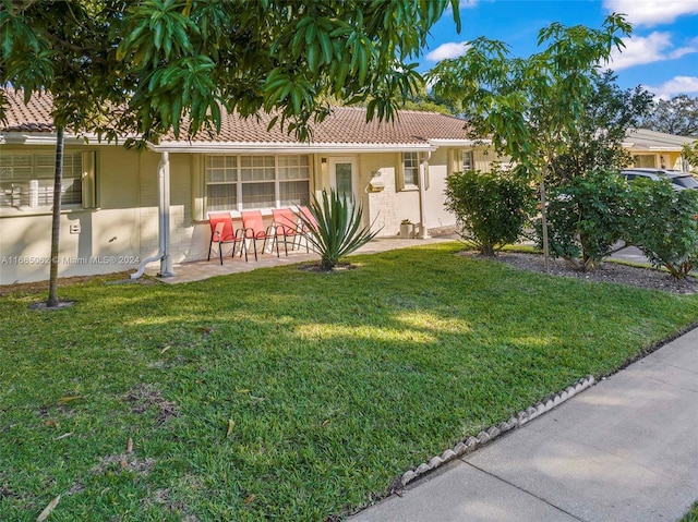 ranch-style home featuring a patio area and a front lawn