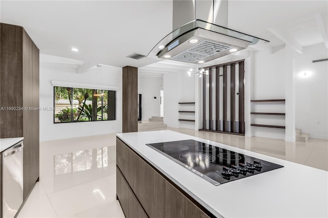 kitchen with beam ceiling, dark brown cabinetry, stainless steel dishwasher, black electric stovetop, and light tile patterned floors