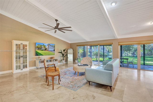 living room featuring beamed ceiling, high vaulted ceiling, ceiling fan, and wood ceiling