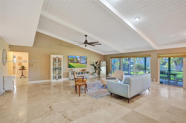 living room featuring lofted ceiling with beams, ceiling fan, and wood ceiling