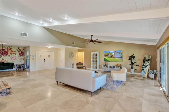 living room featuring ceiling fan, lofted ceiling with beams, and wooden ceiling