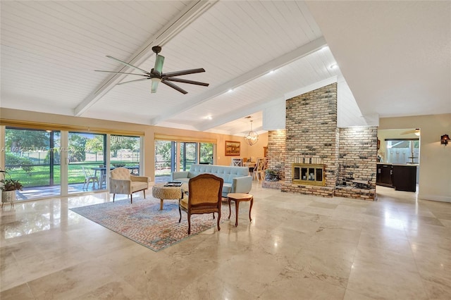 dining room with a brick fireplace, ceiling fan, high vaulted ceiling, wooden ceiling, and beamed ceiling