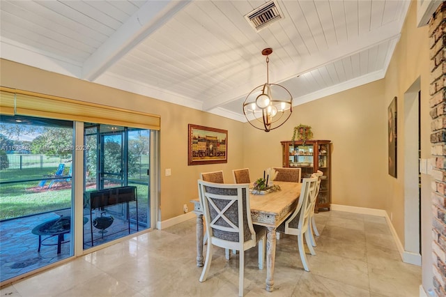 tiled dining area featuring beamed ceiling, a chandelier, crown molding, and wooden ceiling