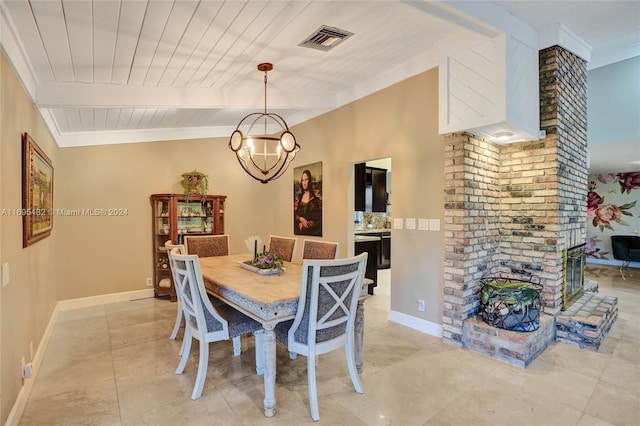 dining room with ornamental molding, a fireplace, wood ceiling, and an inviting chandelier