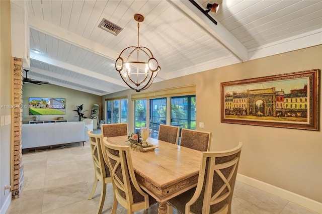 tiled dining room featuring lofted ceiling with beams, wooden ceiling, and ceiling fan with notable chandelier