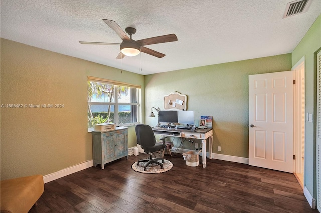 office with ceiling fan, dark hardwood / wood-style flooring, and a textured ceiling