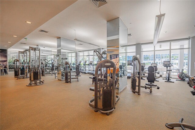 workout area with a wall of windows