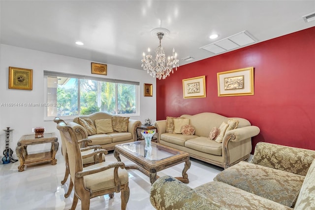 living room featuring a notable chandelier