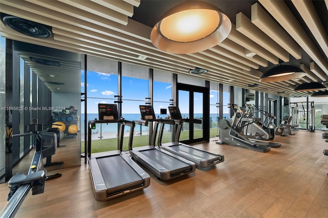 gym featuring french doors, a water view, and hardwood / wood-style flooring