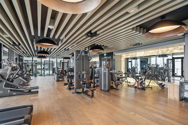 gym with plenty of natural light and hardwood / wood-style flooring