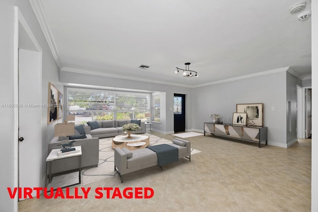 living room featuring light tile patterned floors and ornamental molding