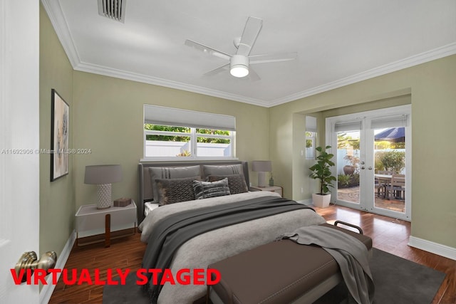 bedroom with ceiling fan, dark wood-type flooring, access to outside, and multiple windows