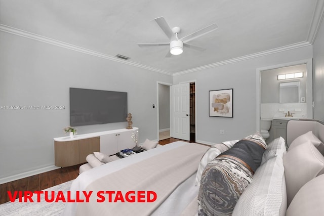 bedroom with ceiling fan, crown molding, and wood-type flooring