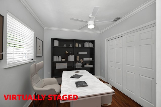 home office featuring ceiling fan, dark hardwood / wood-style flooring, and crown molding