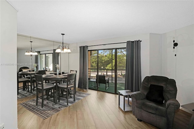 dining space with a chandelier, a textured ceiling, and light hardwood / wood-style flooring