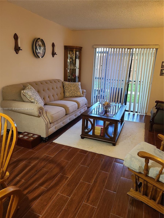 living room featuring hardwood / wood-style floors and a textured ceiling