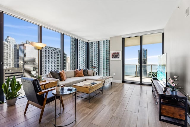 living room featuring hardwood / wood-style flooring and expansive windows