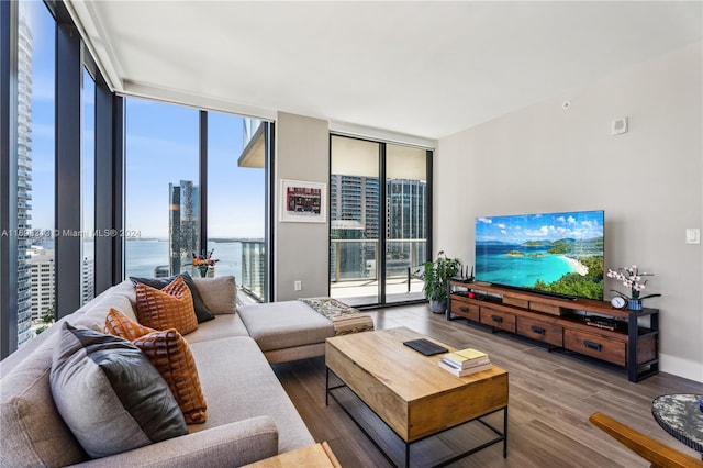 living room featuring hardwood / wood-style floors and expansive windows