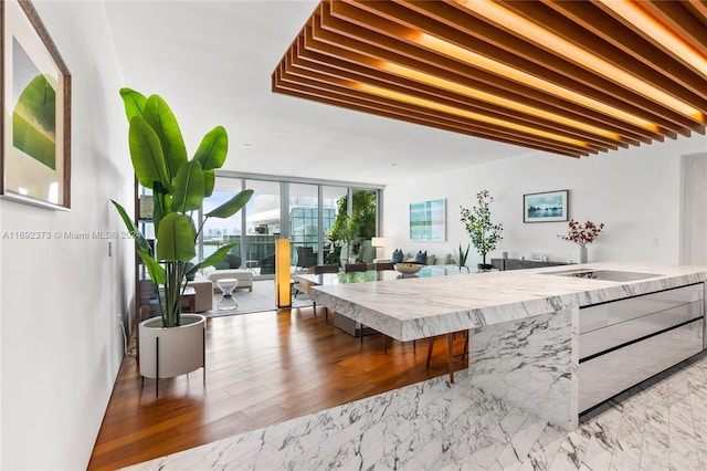 interior space with hardwood / wood-style flooring and a wall of windows