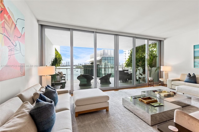 living room featuring a wall of windows