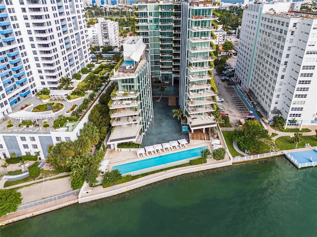 drone / aerial view with a water view