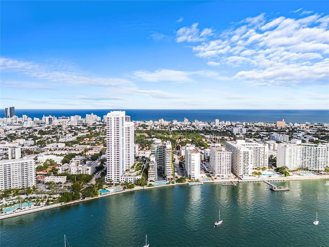 aerial view featuring a water view