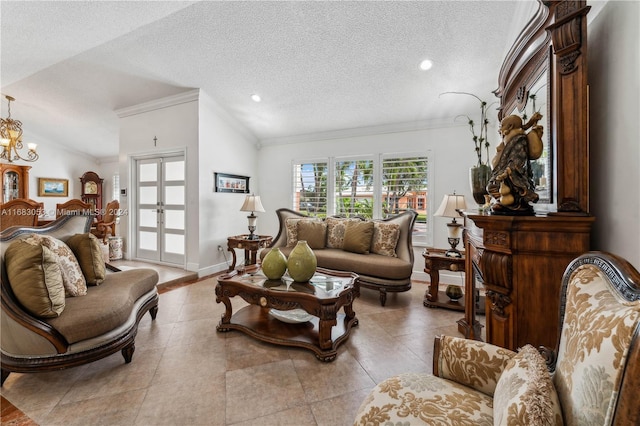 living room featuring a chandelier, a textured ceiling, crown molding, and lofted ceiling