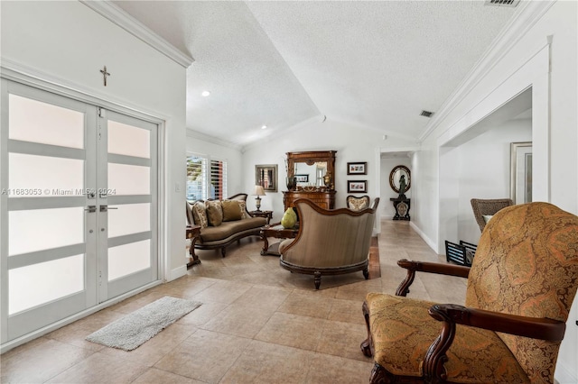 interior space with crown molding, lofted ceiling, a textured ceiling, and french doors