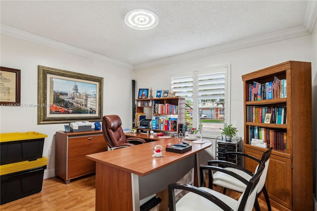 office with crown molding, light hardwood / wood-style floors, and a textured ceiling