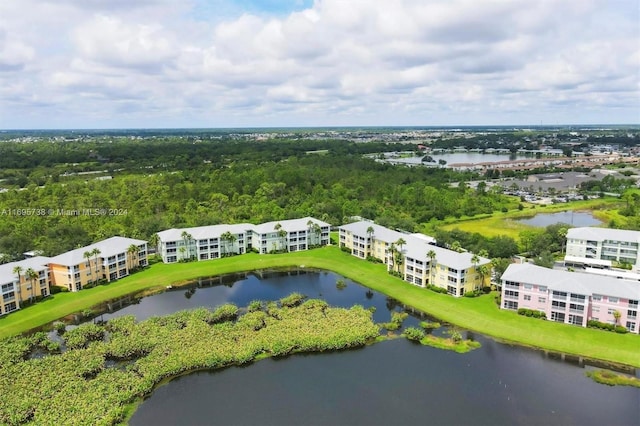 bird's eye view with a water view