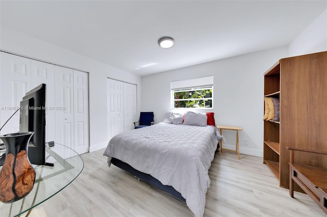 bedroom featuring light wood-type flooring and two closets