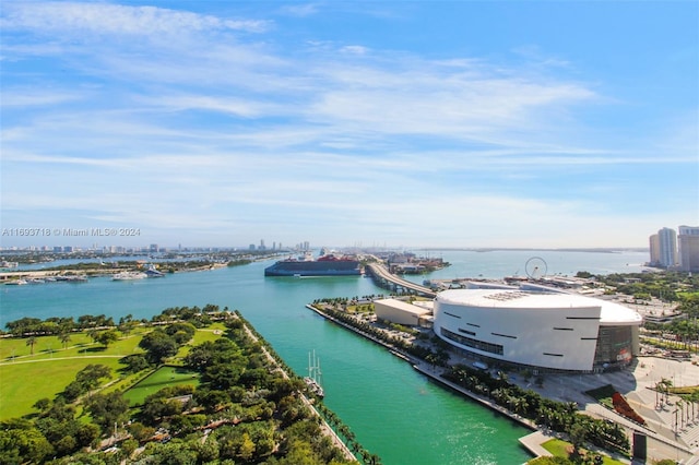 bird's eye view with a water view