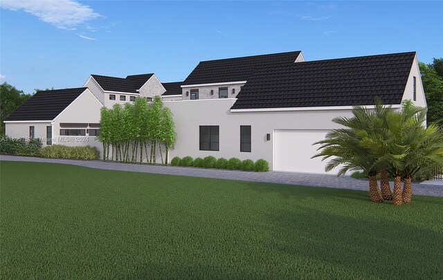 16684 SW 59th Ct, Southwest Ranches, FL 33331 - view of front of house with a garage, stucco siding, a front yard, and a tiled roof