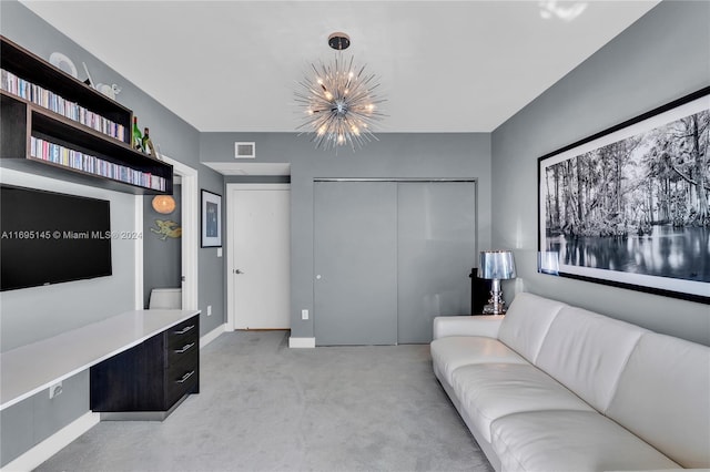 carpeted living room with a notable chandelier