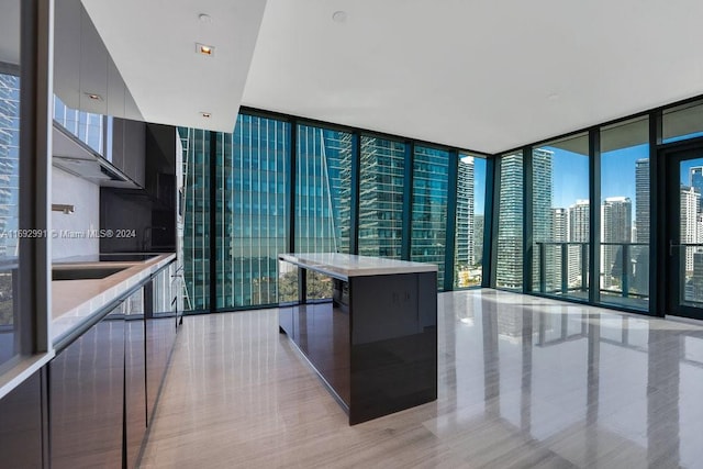 kitchen with floor to ceiling windows and a kitchen island