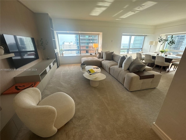 living room featuring light colored carpet