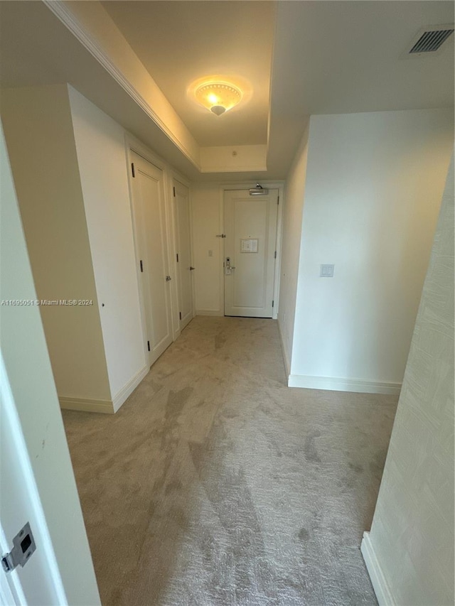 hallway with a raised ceiling and light carpet