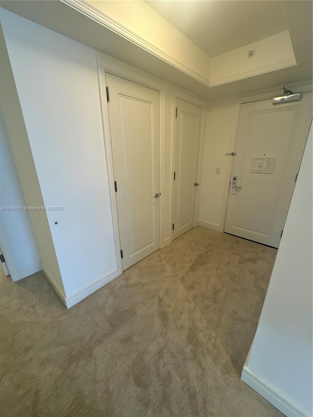 corridor featuring light carpet and a tray ceiling