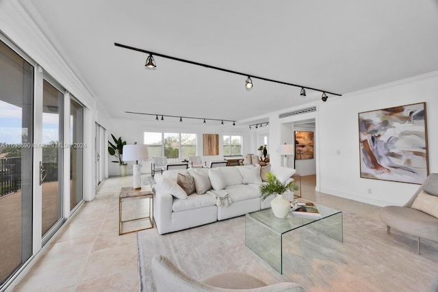 tiled living room featuring ornamental molding and rail lighting