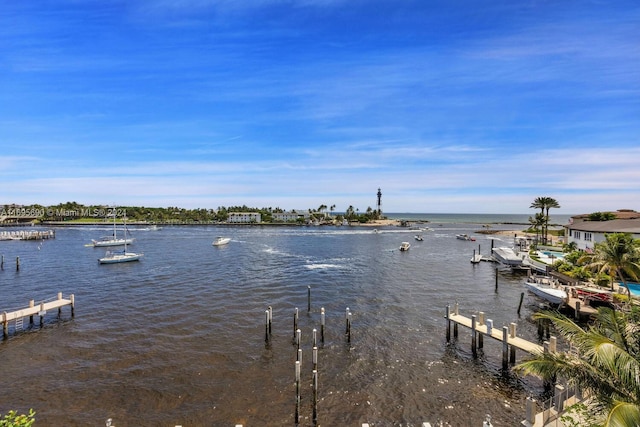 view of water feature featuring a dock