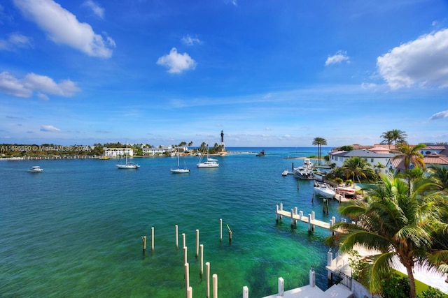 property view of water featuring a boat dock