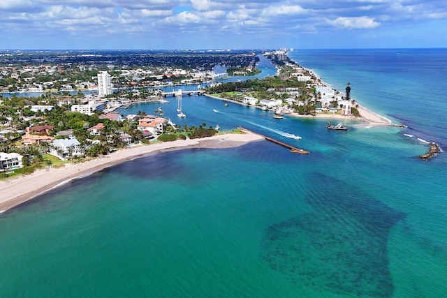 aerial view featuring a beach view and a water view