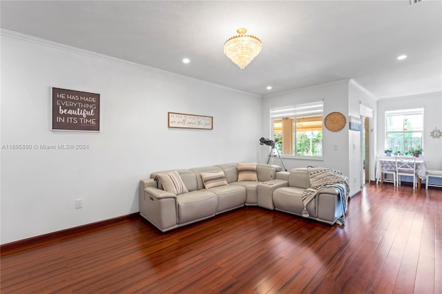 living room featuring a notable chandelier, dark hardwood / wood-style floors, and ornamental molding