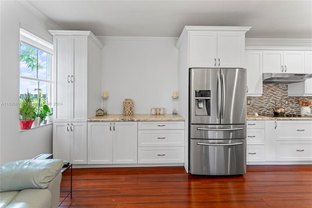 kitchen with white cabinets, stainless steel refrigerator with ice dispenser, and dark hardwood / wood-style floors